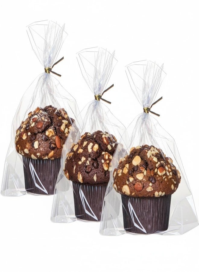 SLShePack 200 Pack 6"x7"x2.4" Cellophane Muffin Bags with Gold Twist Ties Pro Grade Flat Bottom Design for Macarons Cupcakes Chocolate Treats Cookies Strawberries Reusable Resealable Bakery Packaging - Image 1